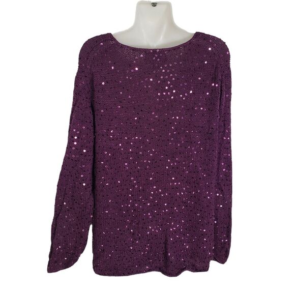 Maggie Sweet Womens Sweater Large Purple Sequin Knit Pullover Crew Neck Long Slv - Picture 2 of 8